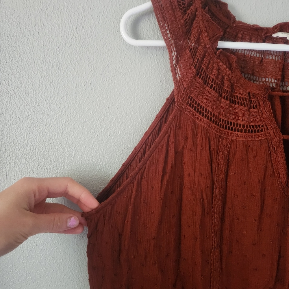 Maurices Brown and Orange Smocked Sleeveless Blouse - Picture 3 of 7